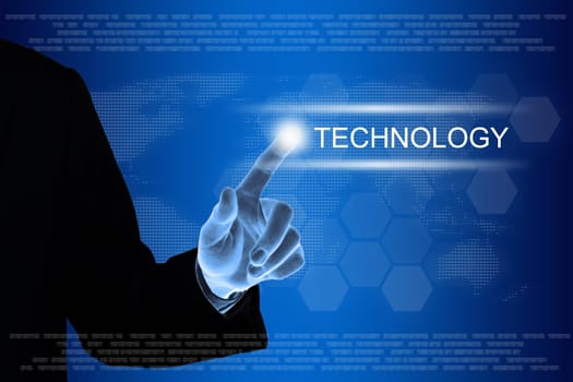 business hand pushing technology button on a touch screen interface
