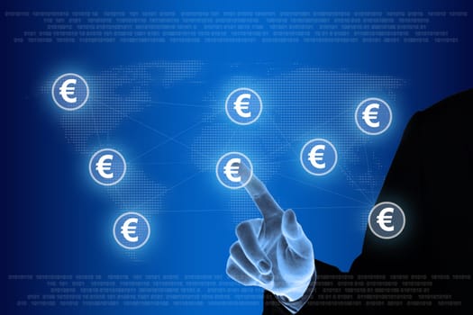 business hand pushing euro currency on networking concept