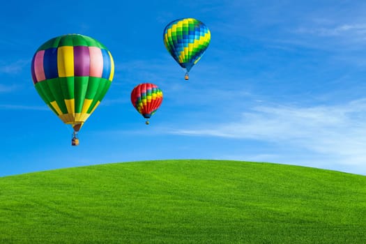 Hot air balloons flying over green field