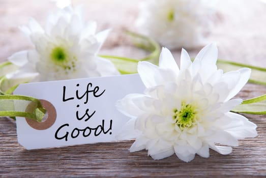 Label with the Text Life is Good an Wood with White Blossoms