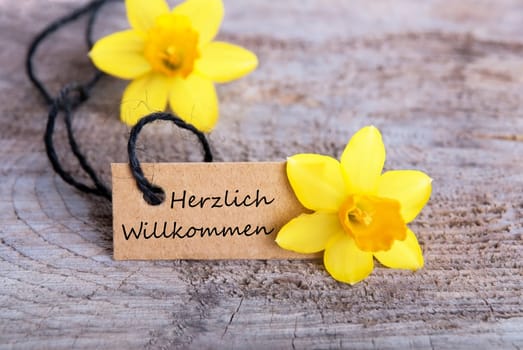 Label with Narcissus and the German Words Herzlich Willkommen, which means, Welcome
