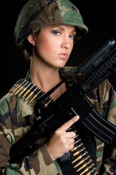 Beautiful army military gun woman