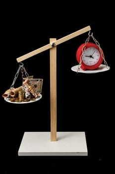 Time is Money Concept Clock and Currency on a Two Pan Balance