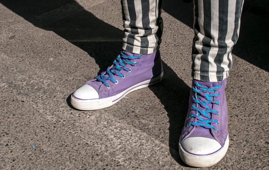 Girl legs with striped pants and purple sneakers on asphalt street surface