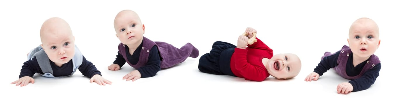 four babies isolated on white background. horizontal image