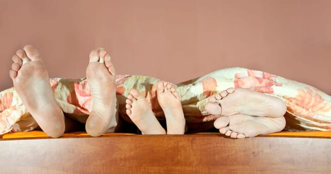 Tree pairs of legs of the happy family in bed - father, mother and child