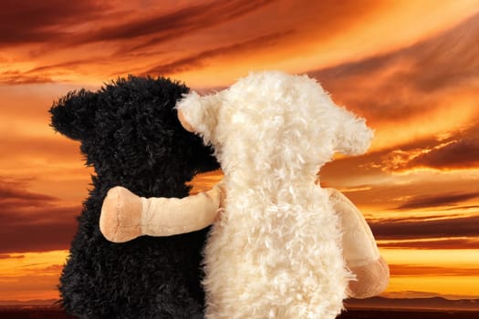 Two cute plush lambs watch a beautiful sunset