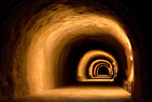 A tunnel construction site illuminated by lanterns with rings of light