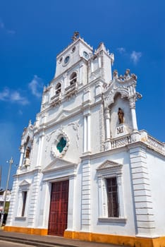 Church on the main plaza in Santa Cruz de Lorica in Cordoba, Colombia