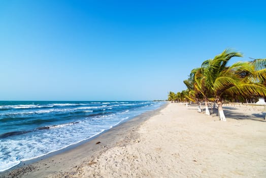 White sand beach and palm trees on the Colombian Caribbean coast in Covenas