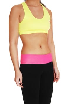 A closeup body picture of a slim Chinese woman in exercise clothing standing.for white background..