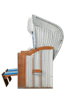 single blue and white striped beach basket in side view insulated on white