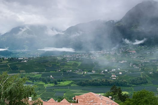 View of the village of Tiroler from Schenna with the Texel group behind it as a mountain range in the morning fog