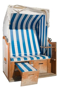 single blue and white striped beach basket insulated on white