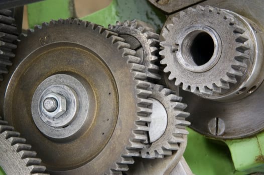 Close-up of the shifting gear box of a lathe