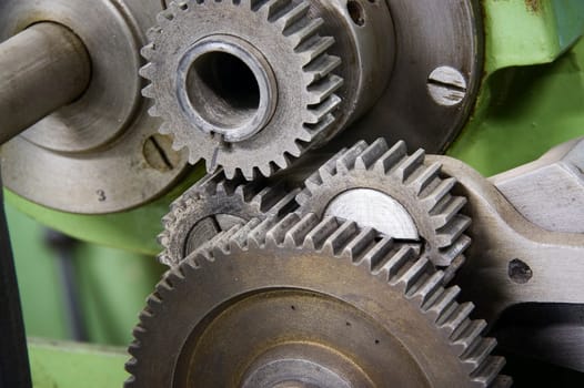 Close-up of the shifting gear box of a lathe