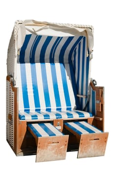 single blue and white striped beach basket insulated on white