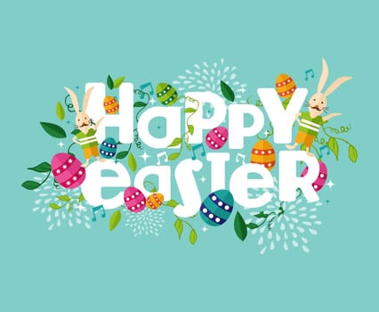 Colorful Happy Easter greeting card with flowers eggs and rabbit elements composition. EPS10 vector file organized in layers for easy editing.