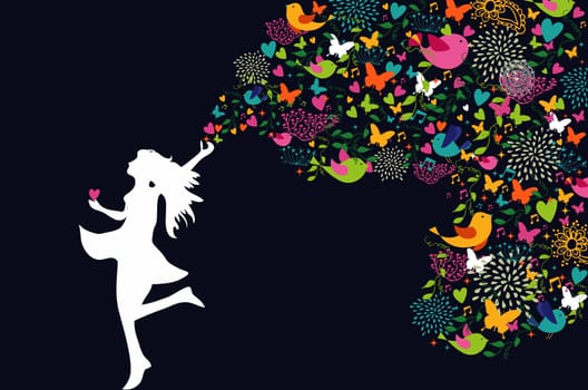 Beautiful woman silhouette, summer elements composition. Vector illustration layered for easy manipulation and custom coloring.