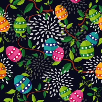 Cute colorful Easter seamless pattern with flowers and colors eggs on black background. EPS10 vector file organized in layers for easy editing.