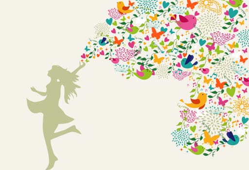 Beautiful woman silhouette, summer time colorful elements composition. Vector illustration layered for easy manipulation and custom coloring.