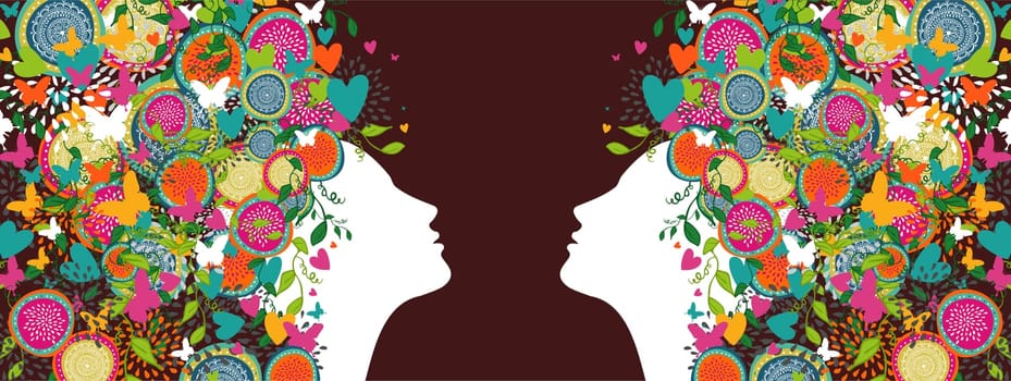Women silhouettes profiles with abstract summer flowers design banner. Vector illustration layered for easy manipulation and custom coloring.
