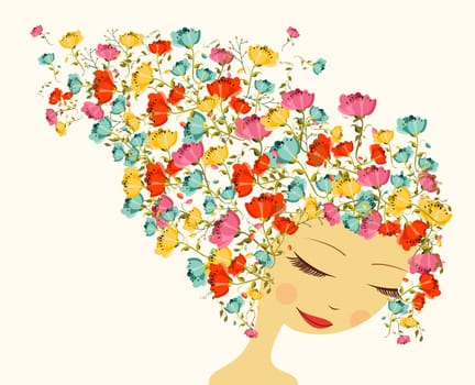 Beautiful woman portrait, flowers season hair composition. Vector illustration layered for easy manipulation and custom coloring.