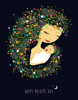 Happy Mothers day greeting card, woman and child hugging . Vector illustration layered for easy manipulation and custom coloring.