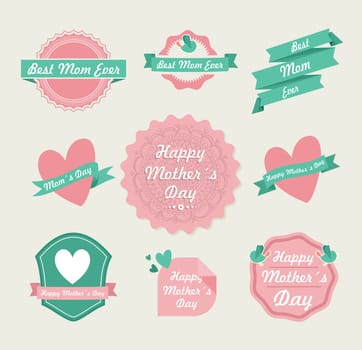Set of cute design elements badges and labels in vintage style for Mothers day. Vector illustration layered for easy manipulation and custom coloring.