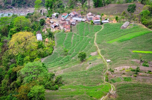 Farmers' village and fields, Nepal, Himalayas