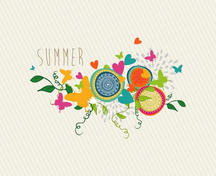 Colorful Summer greeting card with flowers, butterflies and hearts composition. EPS10 vector file organized in layers for easy editing.