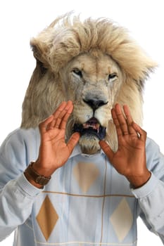 Lion calling with human hands up to mouth