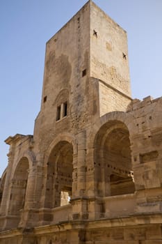 Detailed view of an old Roman amphitheater (Arles, Provence, France)