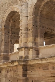 Detailed view of an old Roman amphitheater (Arles, Provence, France)