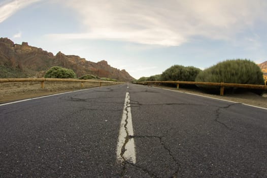 HDR Desert Lonely Road Landscape in Volcan Teide National Park, Tenerife, Canary Island, Spain