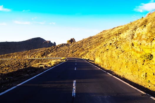 Desert Lonely Road Landscape in Volcan Teide National Park, Tenerife, Canary Island, Spain