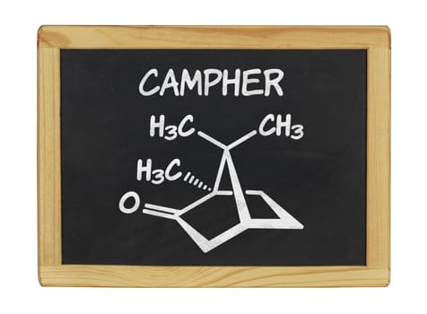 chemical structural formula of Campher on a slate board