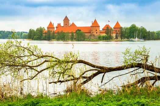 Panoramic view on Medieval old castle in Trakai, Lithuania placed on Galve lake..Island ancient castle are one of the most popular touristic destinations and cultural center in Lithuania.