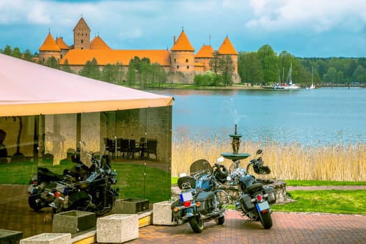 Panoramic view on Medieval old castle in Trakai, Lithuania placed on Galve lake..Island ancient castle are one of the most popular touristic destinations and cultural center in Lithuania.