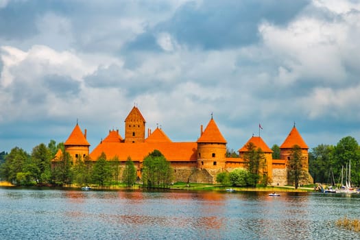 Panoramic view on Medieval old castle in Trakai, Lithuania placed on Galve lake..Island ancient castle are one of the most popular touristic destinations and cultural center in Lithuania.