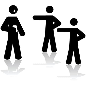 Icon illustration showing two people pointing at a third person holding a smartphone and crying.