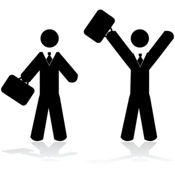 Concept illustration showing a businessman carrying his suitcase and then celebrating something