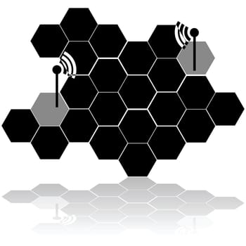 Concept illustration showing a grid made of hexagonal cells and two towers communicating
