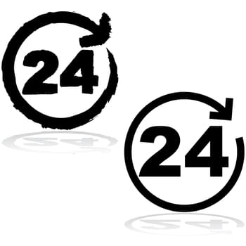 Concept icon showing a circle with an arrow going around a number 24, illustrating a round-the-clock, 24-hour service