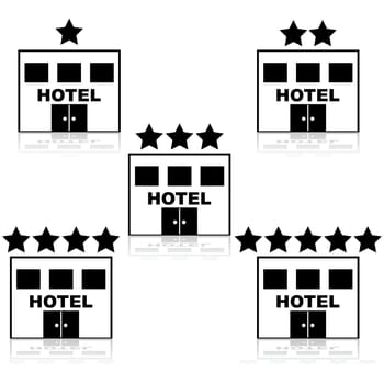 Icons of a hotel building with different star ratings on top of them