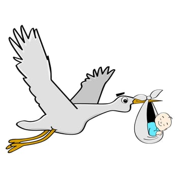 Cartoon illustration showing a stork carrying a sleeping baby.