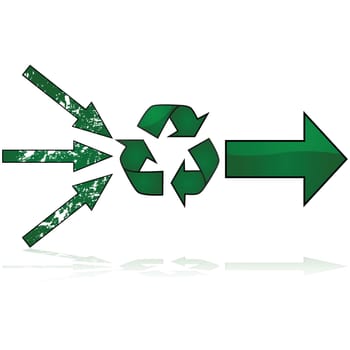 Concept illustration showing three damaged arrows pointing towards the recycling symbol and coming out as a strong new arrow