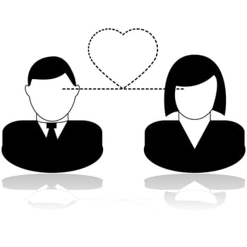Concept illustration showing a man and a woman looking at each other and forming a heart between them