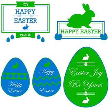 Cards and stickers in green and blue, showing Happy Easter messages