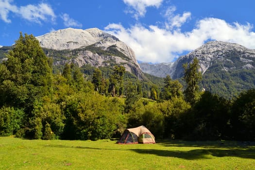 Basecamp for climbing and mountaineering in Cochamo national park, Patagonia, Chile near Torres del Paine